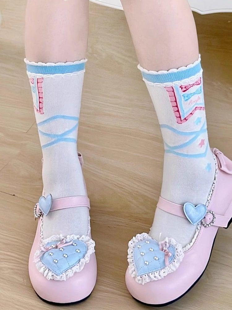 Socks Crisscorss Print Star and Bowknot Blue/Red Lolita Banded Calf