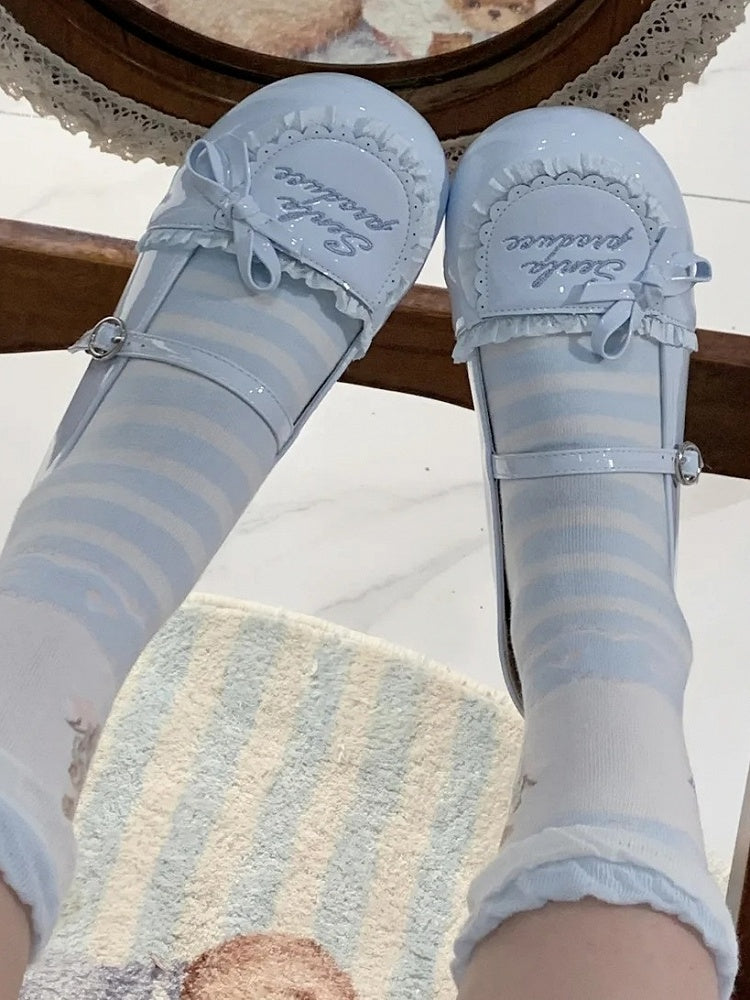 Trim Flats Toe Runde PU Rüschen Stickerei Brief Blau Baby Leder