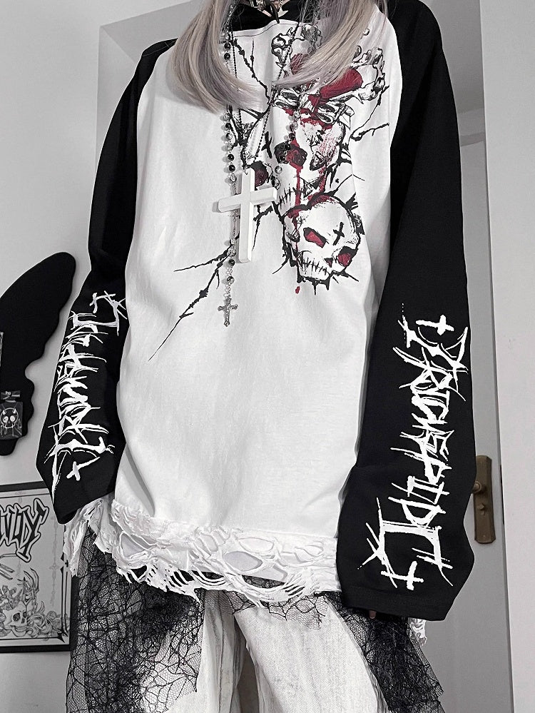 And Letter Punk Hoodie Emo BlackWhite Print Skeleton