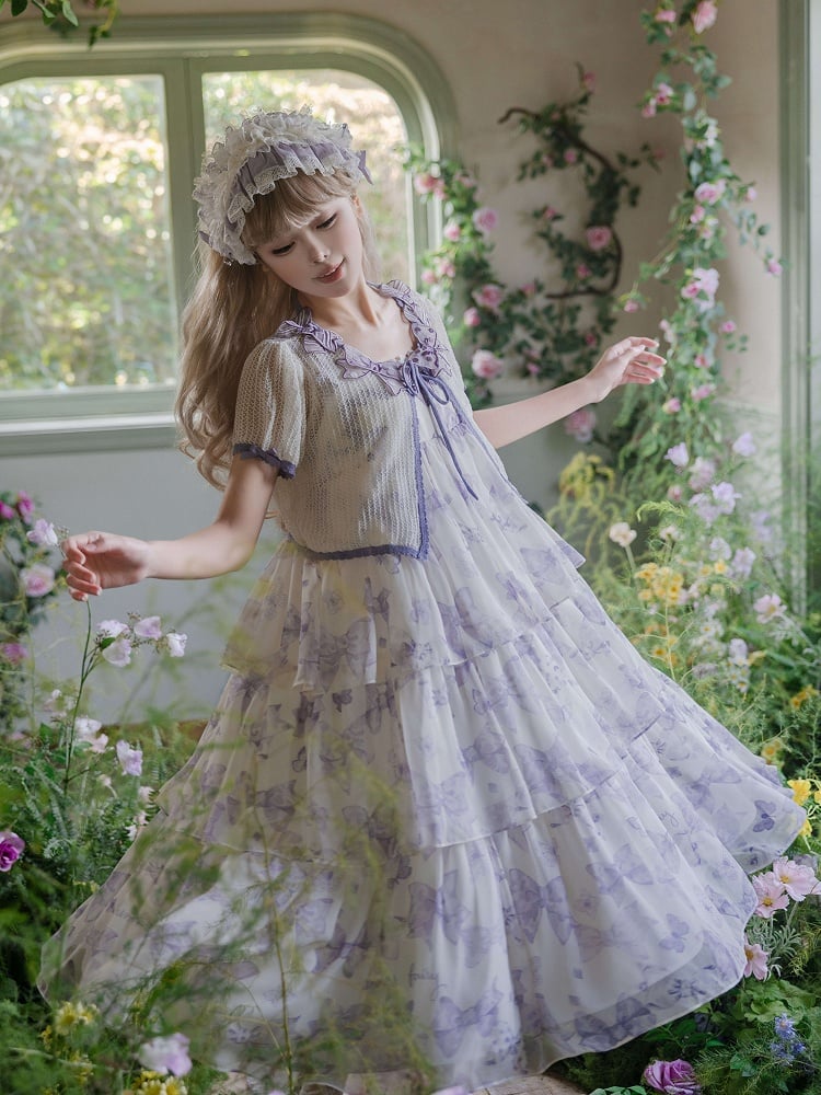 Purple High Waist Bowknots Tiered Skirt Summer Lolita Dress