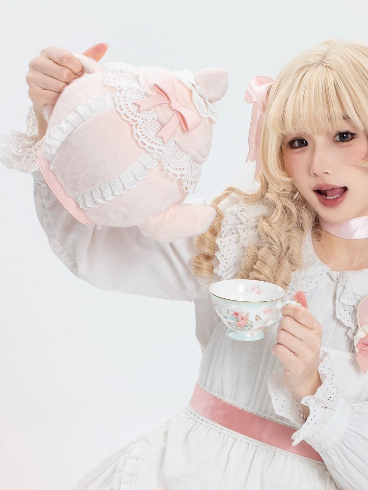 Trim Sweet Lace Plush Decorated Lolita Bowknot Strawberry Hand/Crossbody Bag And Pink Teapot