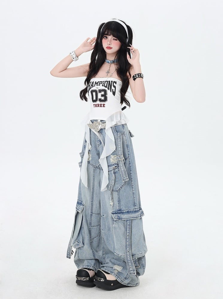 Rise Distressed Holes Jeans Low Blue Wide-leg Cargo