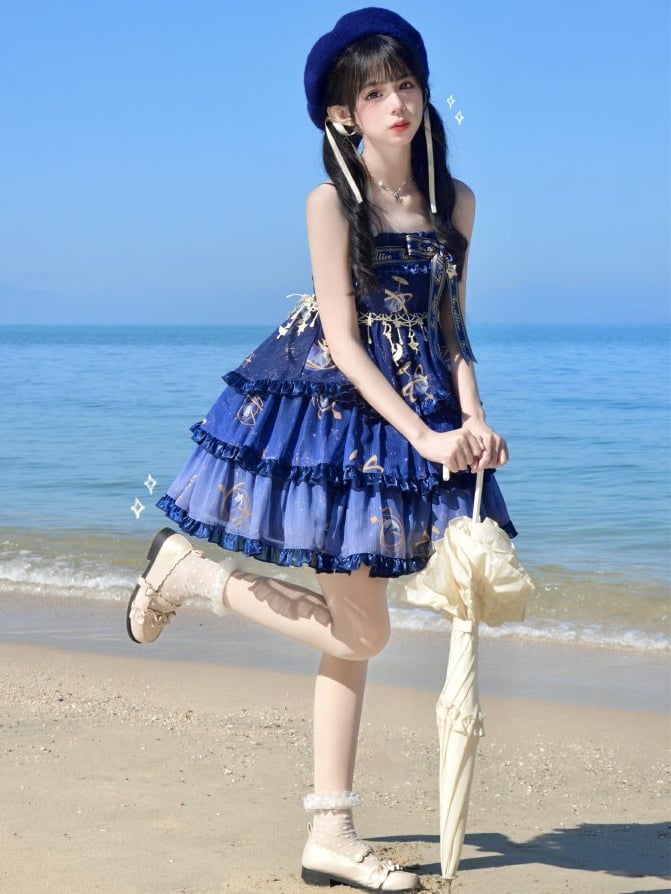 Navy Blue Celestial Globe &Starry Empire Waist Lolita Jumper Skirt