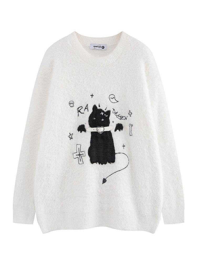 Detail Cat Belt Sweater Collar Knit Flocked Embroidery - Kawaii White/Black