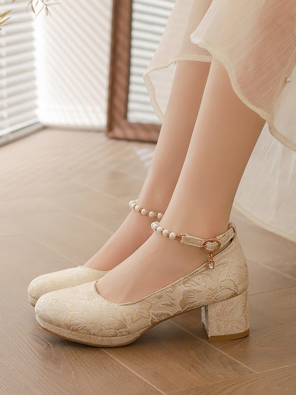 Beige Block Floral Janes Beaded 5cm Pattern Mary - Heel Lolita with Strap Qi Satin