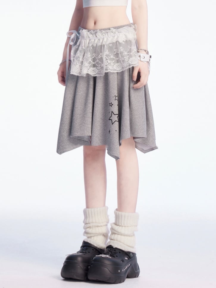 and Waist Asymmetrical Hem Low White Gray Star Print