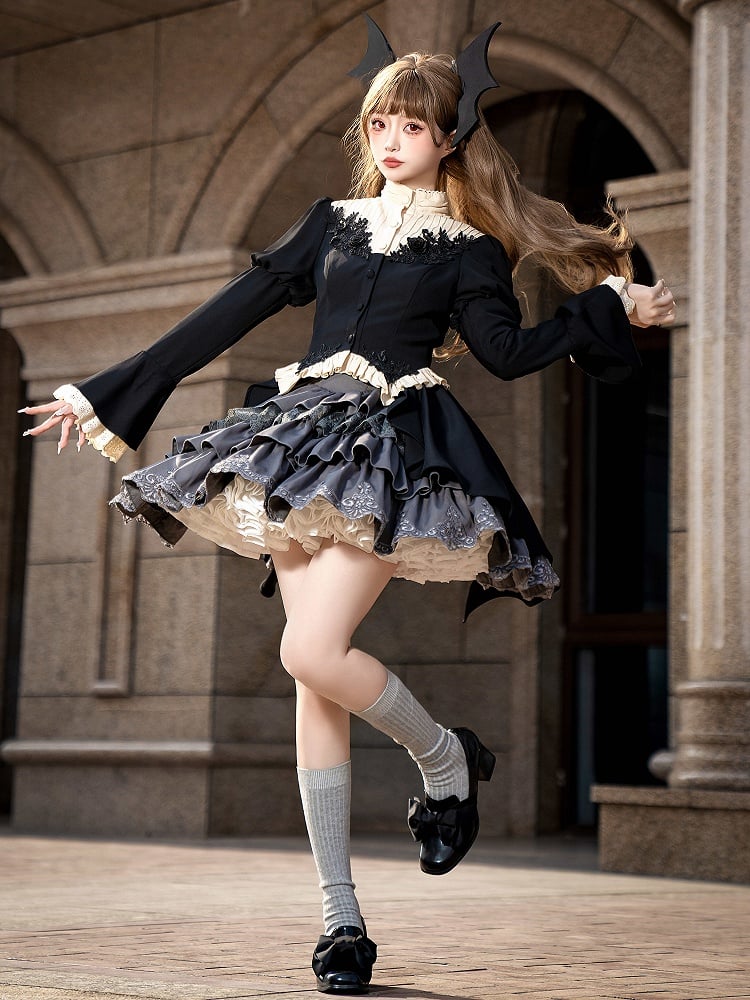 Gothic Lolita Full Set - Black Swallow Tail Long Sleeves Top + Gray Tiered Skirt + Red Jabot Brooch