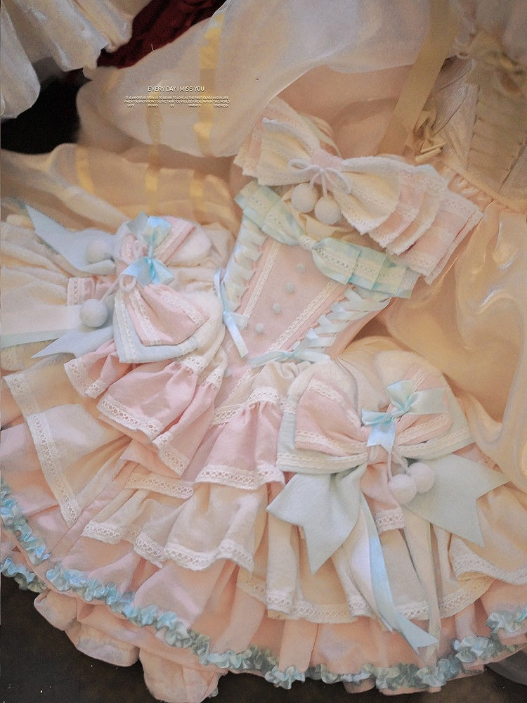 Mint Green Waist Pink Basque and Bowknots and Pompons Sweet Balletcore Puffy Lace-up Dress Decoration
