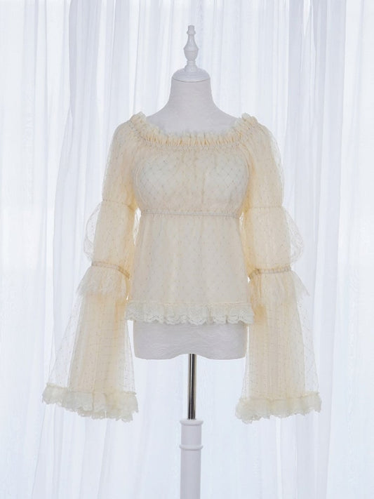 Elastische Glockenbluse mit Ausschnitt und klassischen beigefarbenen Ärmeln