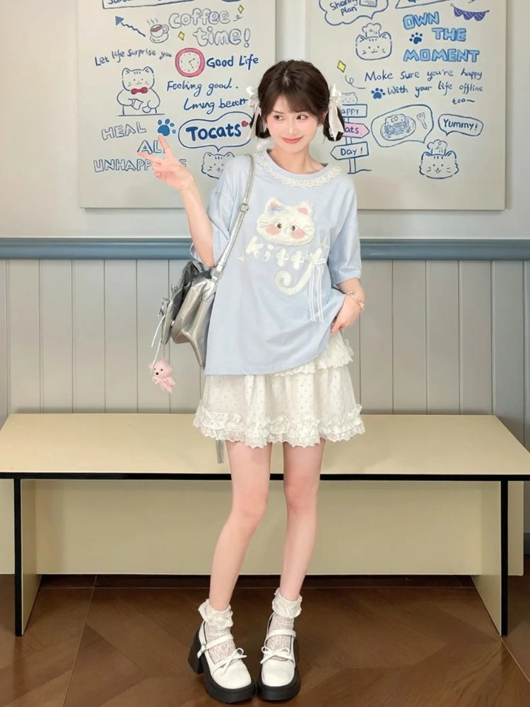 Long/Short Round Neck Plush Version Blue T-Shirt Cat Applique