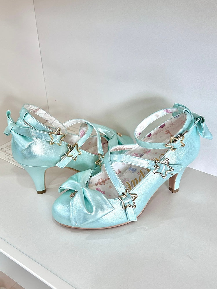 Riemen – Süße 6,5 cm Schleife Lolita Crisscross mit Sternschnalle Stil Absatzschuhe Grüne Akzente