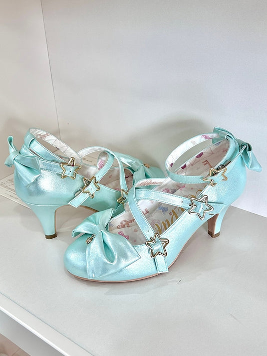 Riemen – Süße 6,5 cm Schleife Lolita Crisscross mit Sternschnalle Stil Absatzschuhe Grüne Akzente