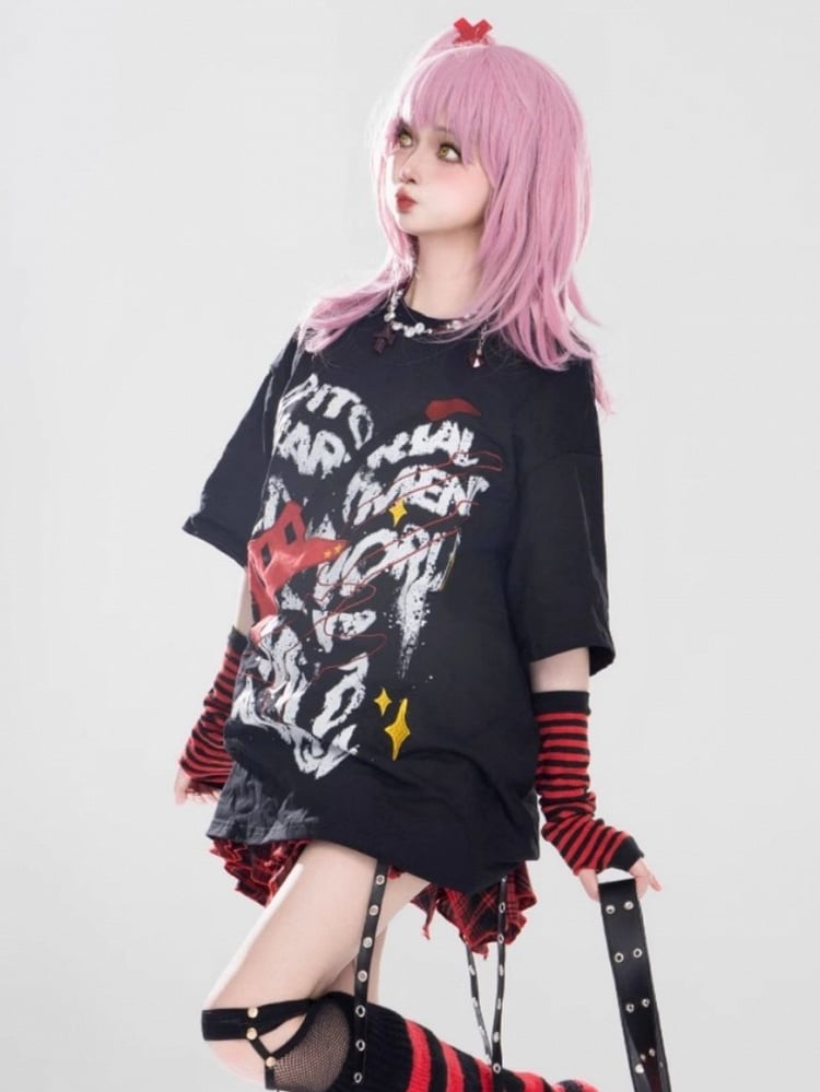 T-shirt Red With Bass Print Black And Graffiti Punk White