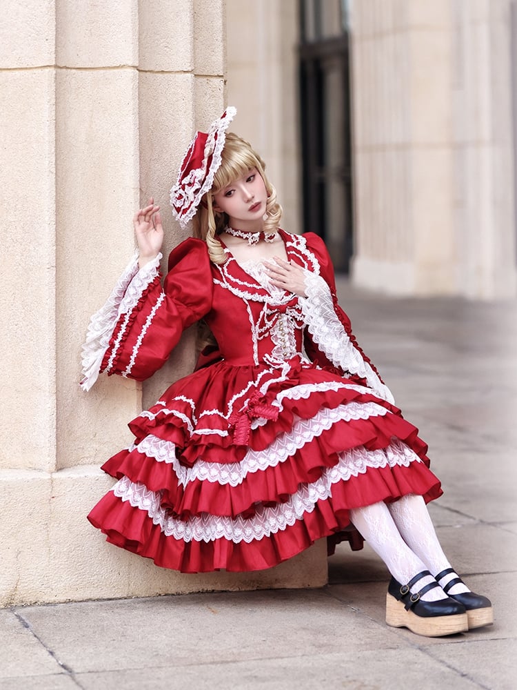 Wunderschönes Lolita-Kleid mit gestuftem Rüschenrock, Puffärmeln und Glockenärmeln in Rot