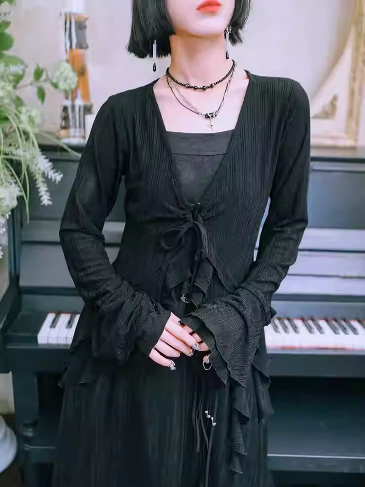 Sleeves Hem Style Asymmetrical Black Layered Cardigan Knitted Cheongsam Bell