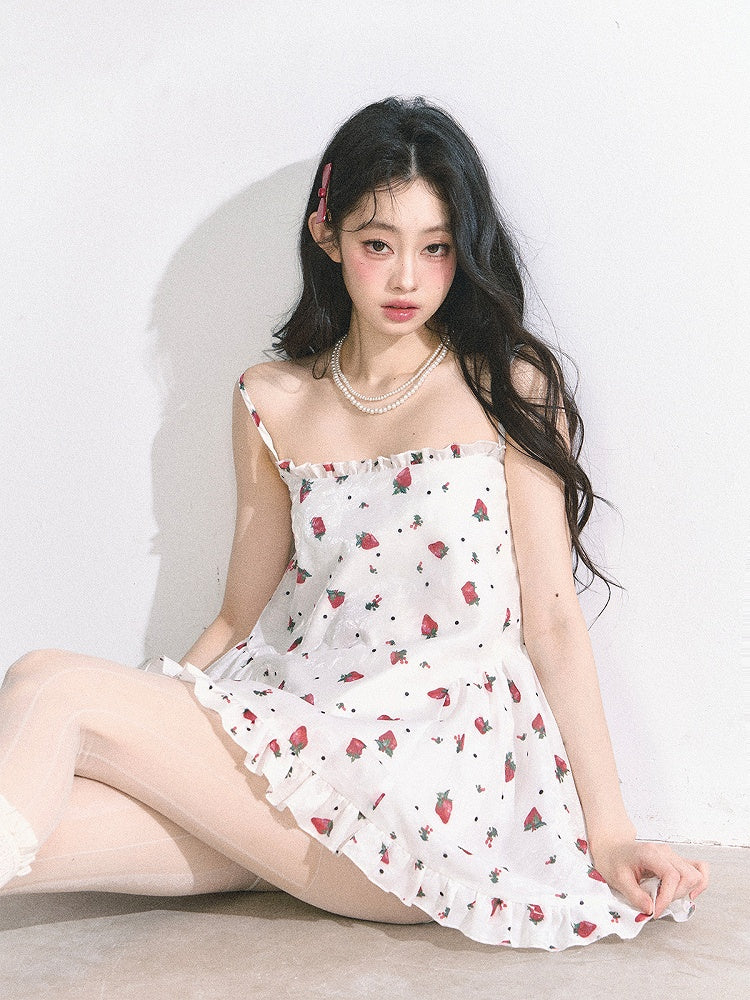 Print Mini Neck Sweet Strawberry Cami Dress White Square