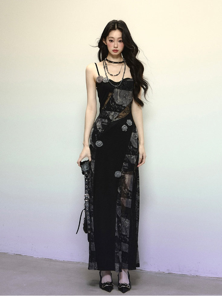 Black Floral Embellished Lace Patches Slim-fitting Cami Dress