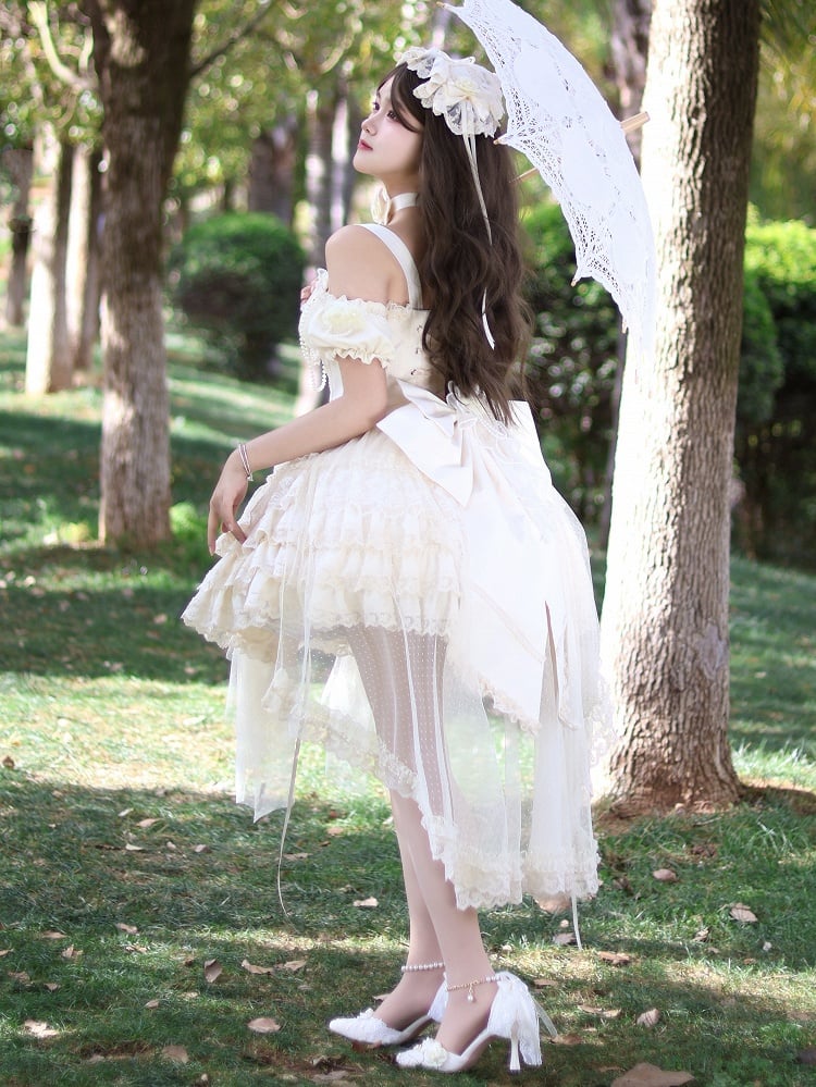 花嫁妖精ロリータフラワーバスクスカートジャンパーティアードウエストヘムベージュドレス