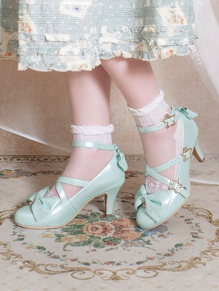 Riemen – Süße 6,5 cm Schleife Lolita Crisscross mit Sternschnalle Stil Absatzschuhe Grüne Akzente