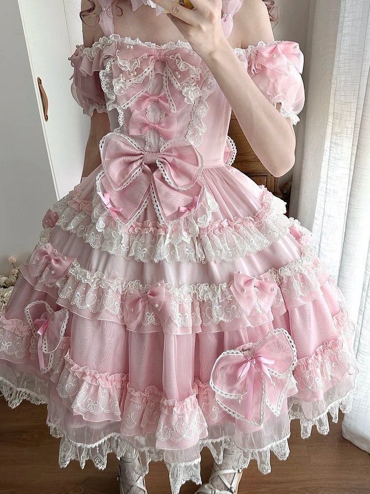 Sweet Lolita Princess Bead Dress Bow and at Back with Pink Big Accents Details