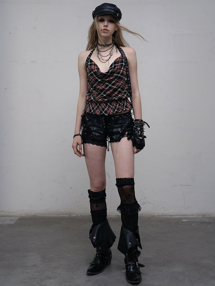 Punk Wasteland Halter Top Neck Neckline Trim Pattern BlackRed Glamorous Plaid Ruffles Cowl