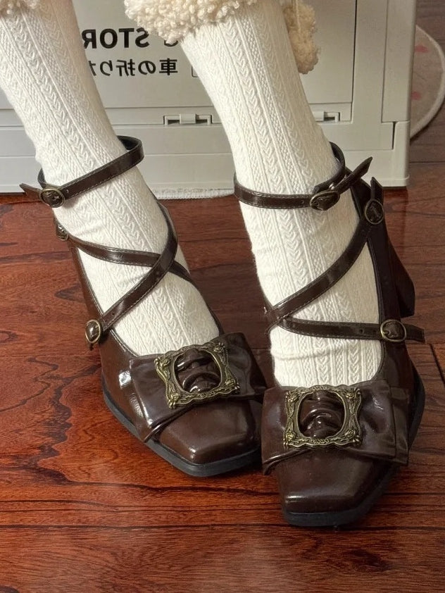 Toe Picture Heels Middle Crisscross at Square Frame - Straps Design Bow Buckle Elegant Top Brown Lolita