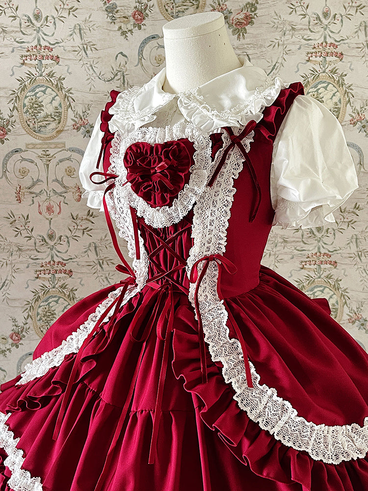 Abnehmbarer gepolsterter Herzpullover für die Schule, alter Lolita-Rock, rotes Kleid-Mieder