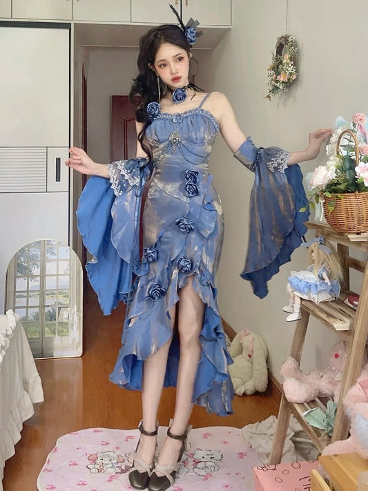 Blaues Abendkleid im Meerjungfrauen-Stil mit Rosette und abnehmbaren Volantärmeln