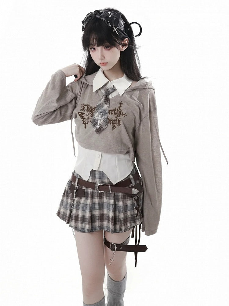 Y2K Lace-up Black Detail Plaid Skort with Buckle Belt and Chain White/ Khaki
