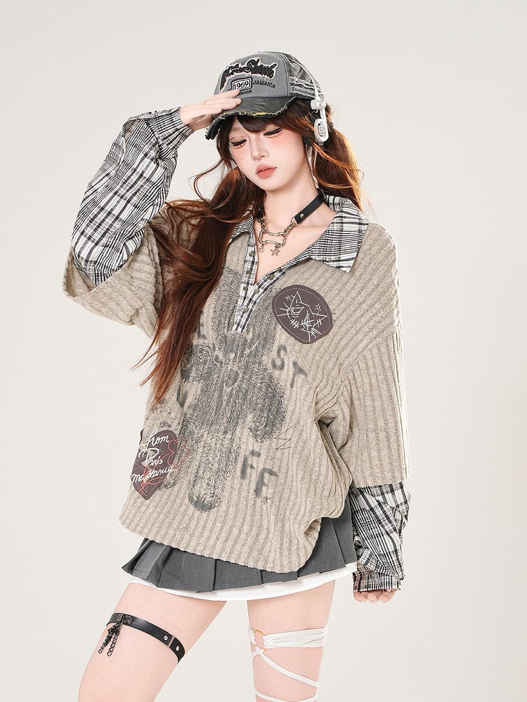 Plaid Print Bear Top: Beige-Gray with and Patchwork Knit V-Neck Preppy