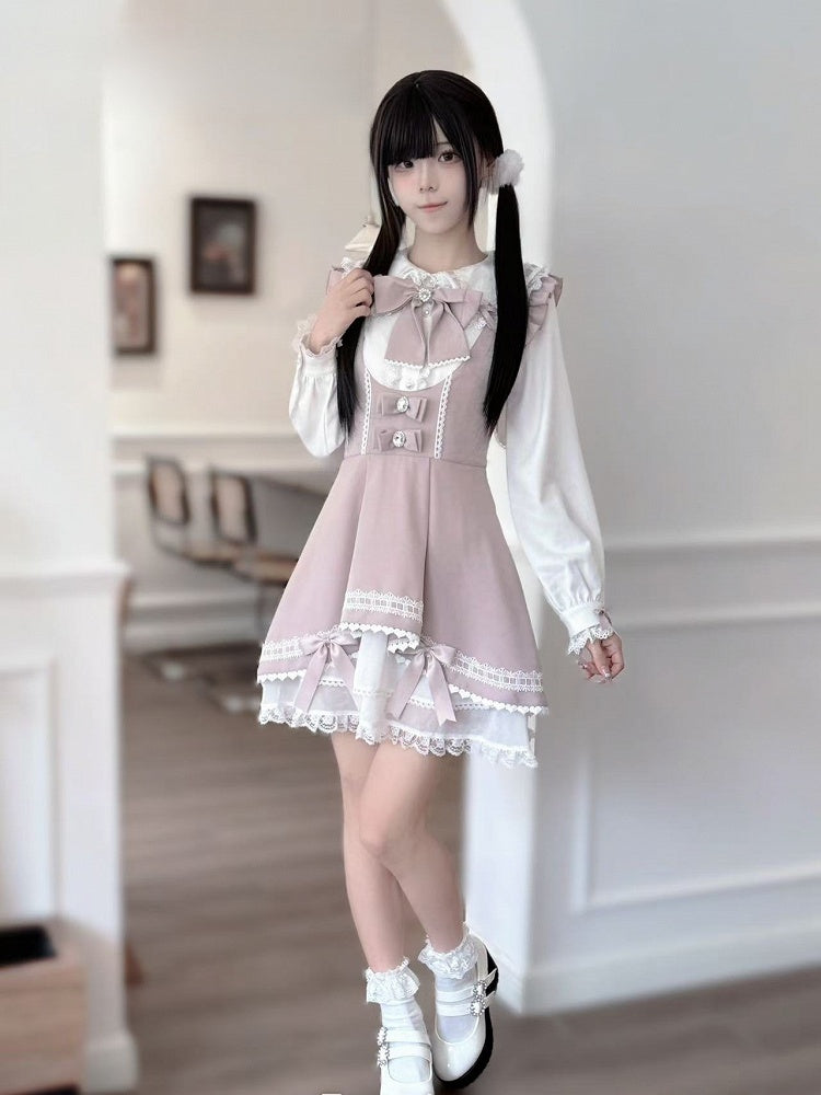 with Sweet Bowknot Skirt Pink Hem Overalls Tiered Kei Chiffon Detail Jirai Dusty