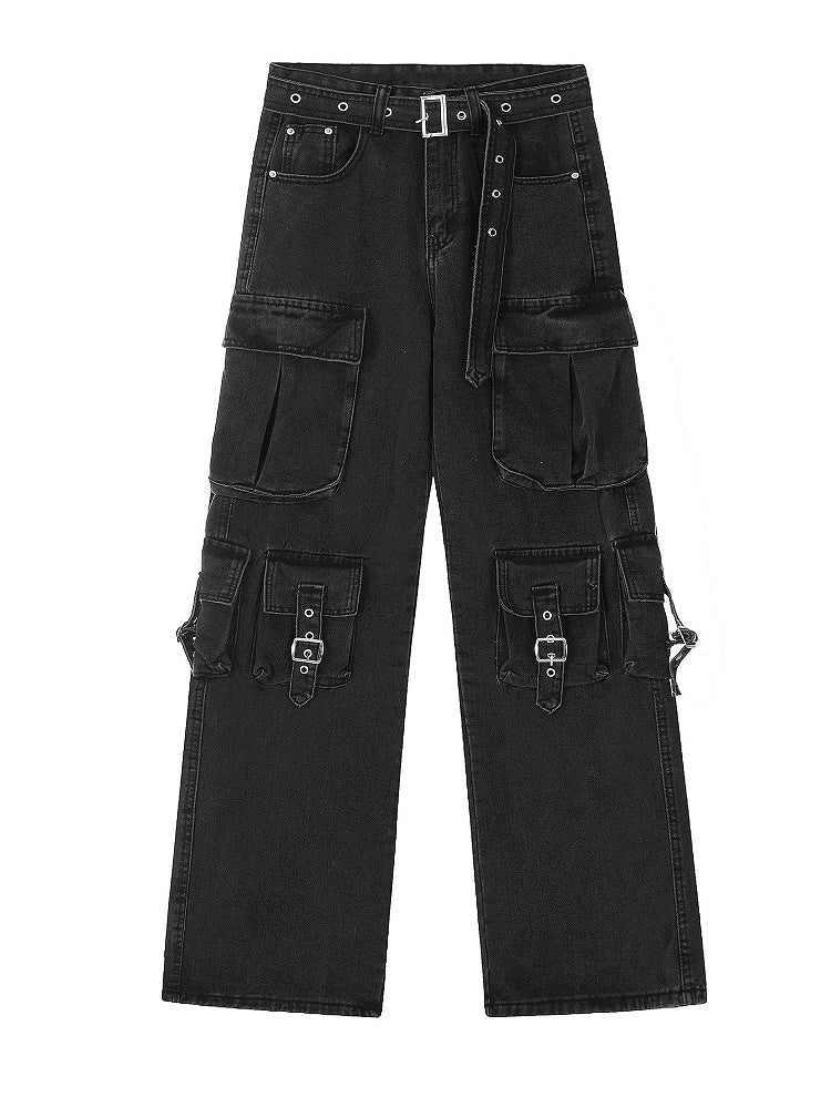 Blue/Black Multi-Pocket Utility Cargo Jeans with Hanging Strap Design