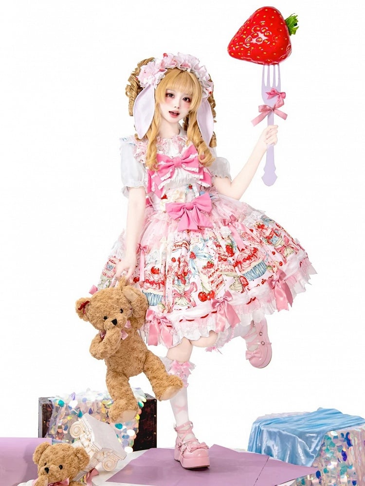 Akzente Druck mit Schleife Erdbeere und Süßkirsche Rosa Lolita Mode Kleid Licht