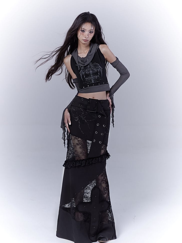 Sleeveless Top Armwear Print Punk Studded Black Cross Wing with Free
