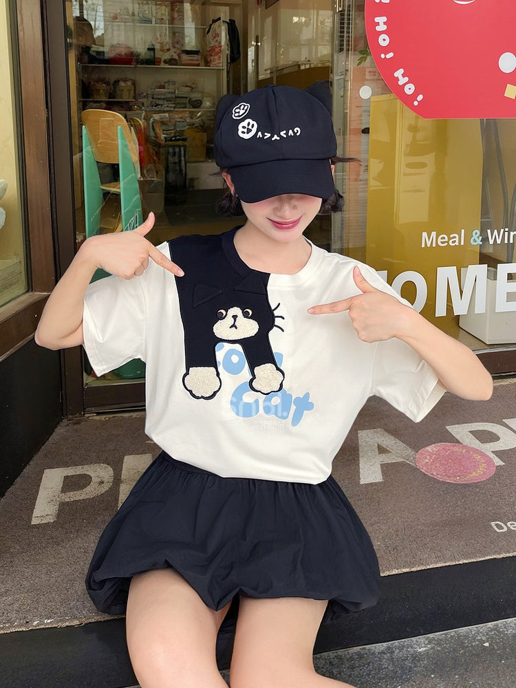 White Round Neck Cute Cat Print T-Shirt Loose
