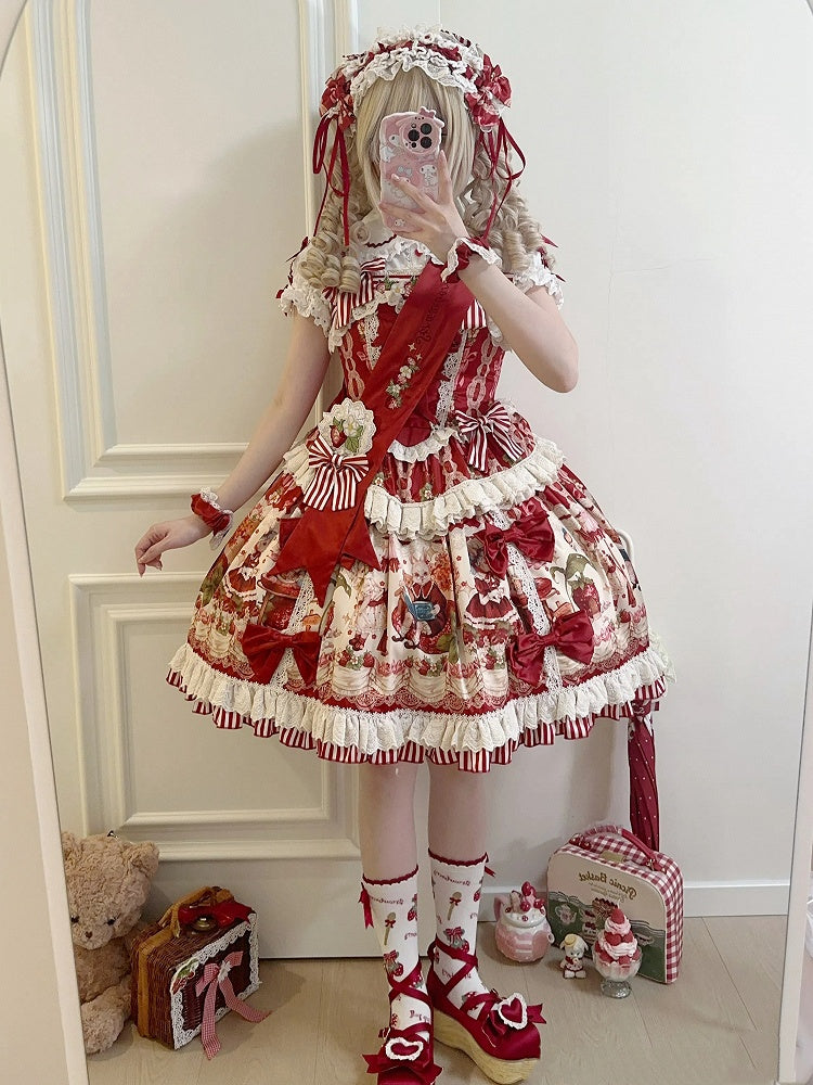Red and Strawberry Print Dress Skirt Sweet Lolita Jumper Bunny