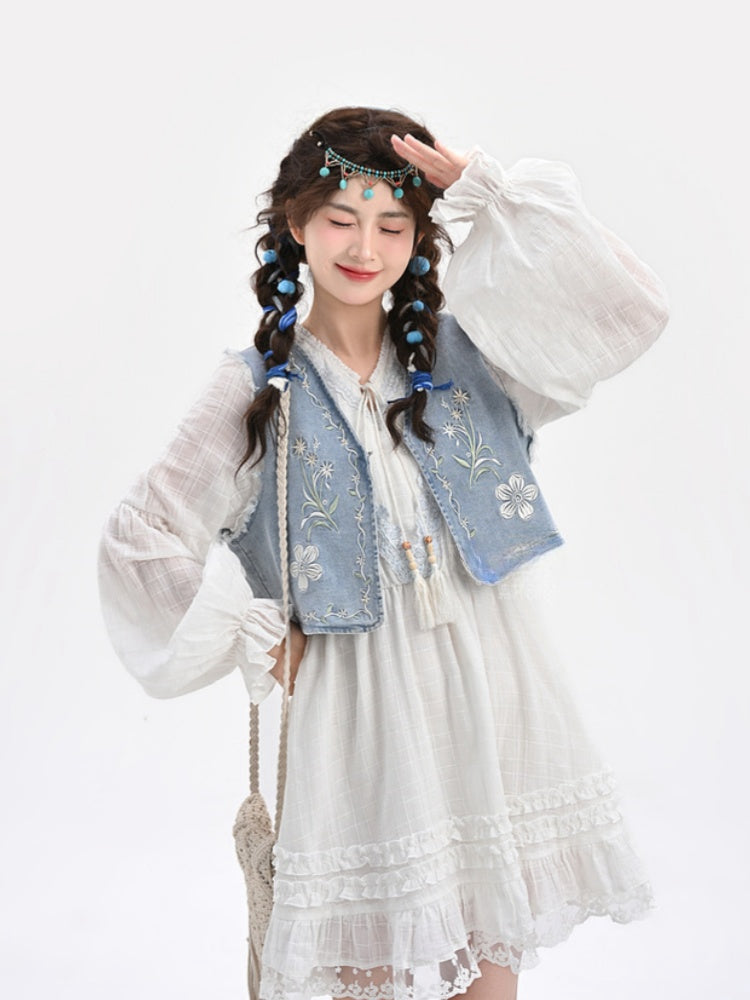 Blue Denim Vest Wash Distressed Embroidery Faded Floral