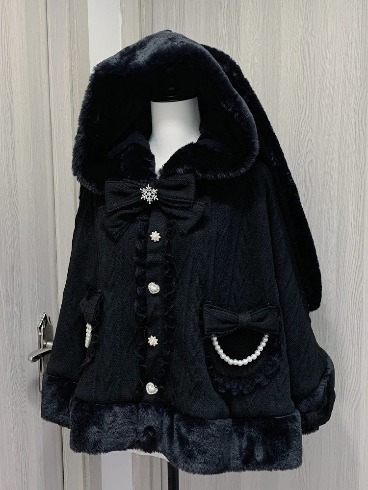 Design Detachable Plush Cape Bowknots Hood Jirai Kei Black Bunny Ears