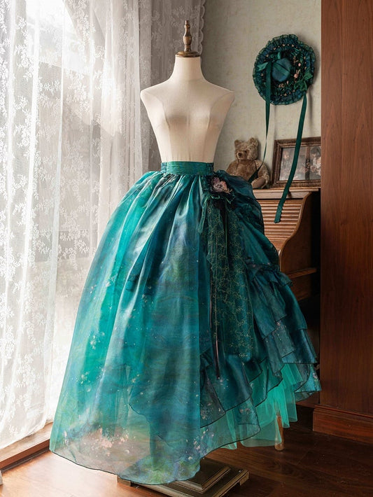 グリーンフォレストフェアリーロリータアシンメトリーデザイン油絵スカート、花柄ヘアクリップ付き