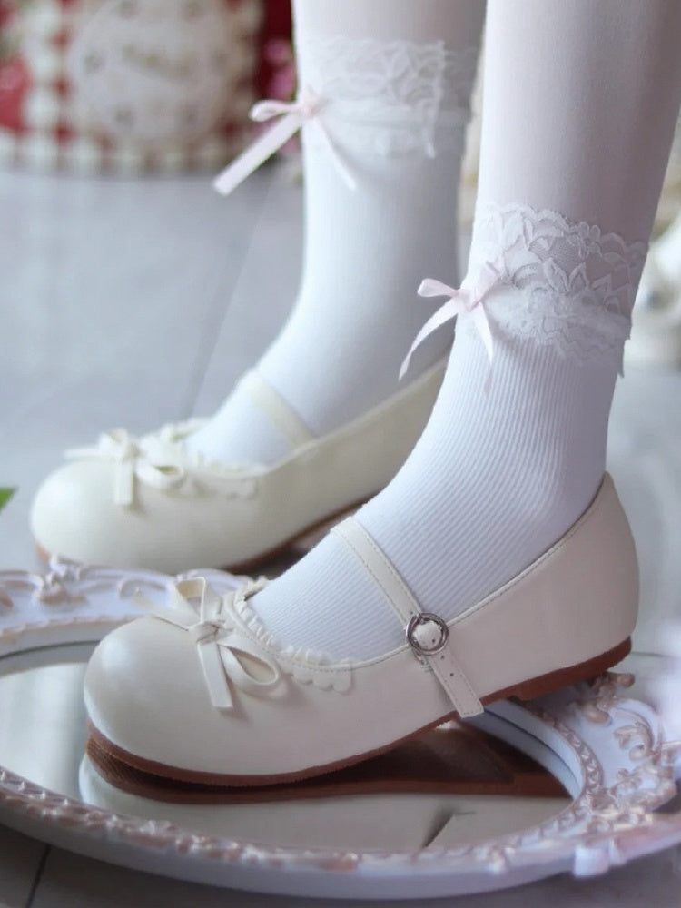 Lolita Beige mit matten Schuhen Schleife Flache runde geknotete Spitze