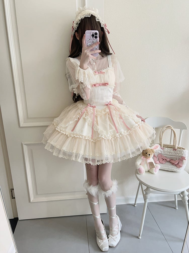 Small Jumper Short Bows Apricot Dress Balletcore Skirt Fabric Lolita
