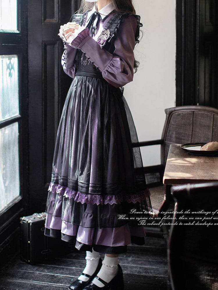 Front with Trim Embroidery Detail and Mesh Apron Dress Purple Lace Black at
