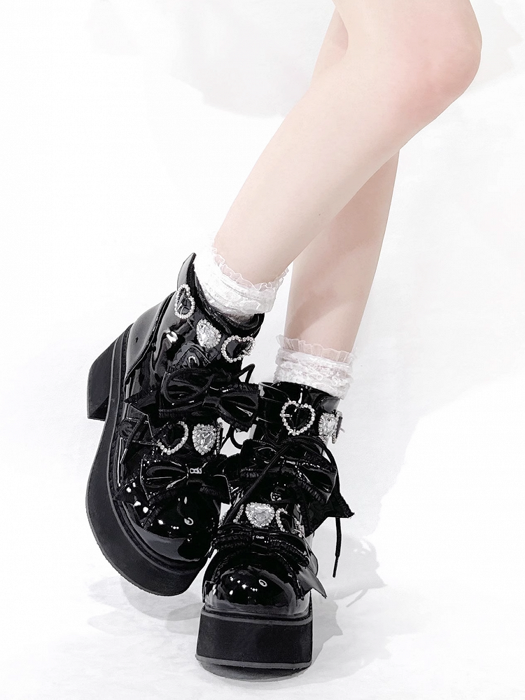 Plateau Stiefeletten Schnallen Jirai Kei Poliert und Schwarz Strass Sweetheart mit