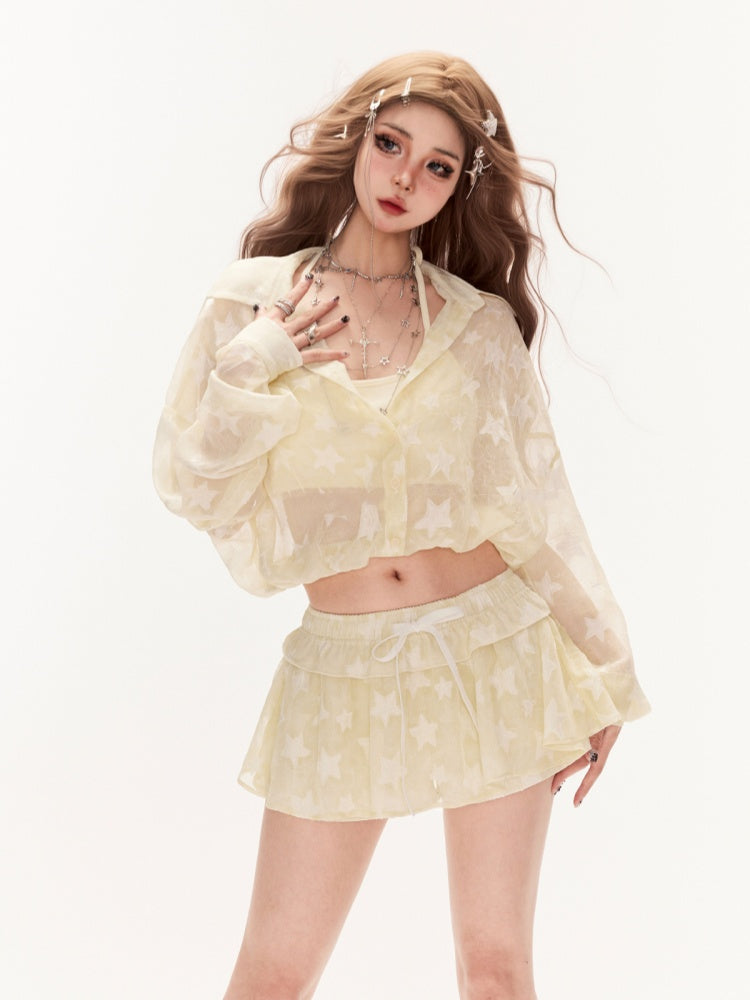 Waist Mini Skirt Yellow Allover Drawstring Star Print