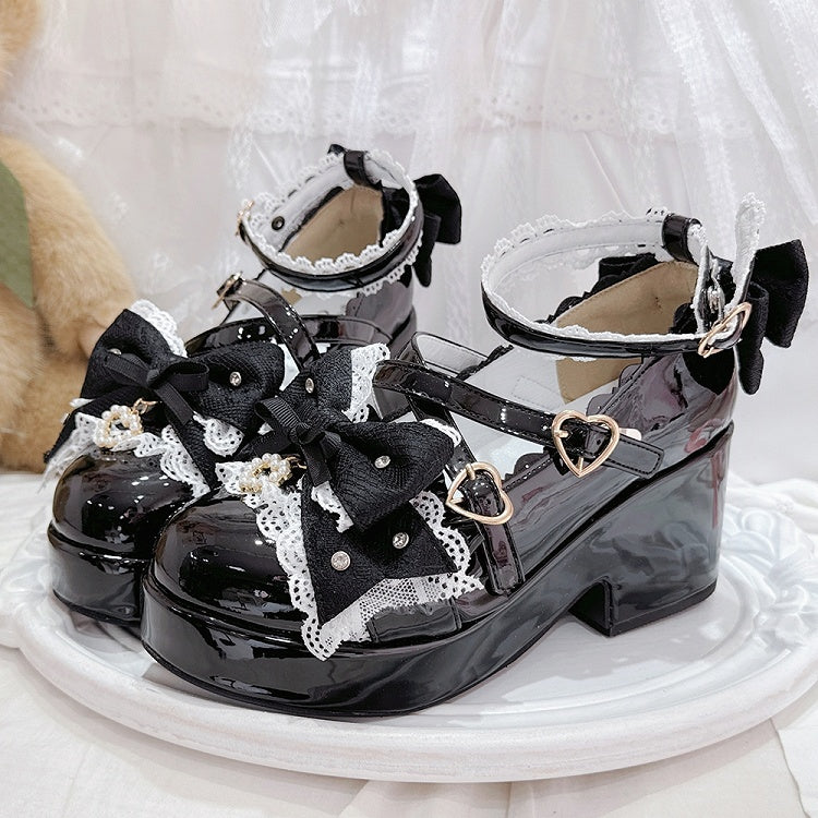 Design Schleife Crisscross Polierte Heels Hohe Schuhe Schwarze Plattform an der Spitze Jirai Herz Block Schnallen Kei