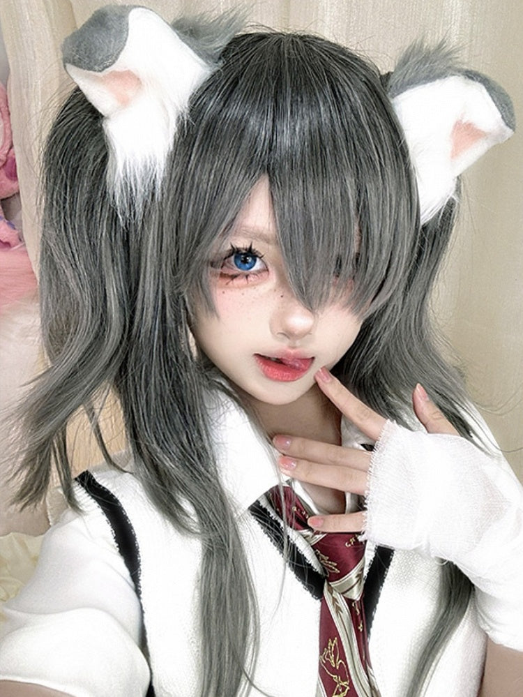 Clips Wig Gray Double Ponytail + 30CM Claw Bangs 38CM Straight Length With Ombre Hair Color