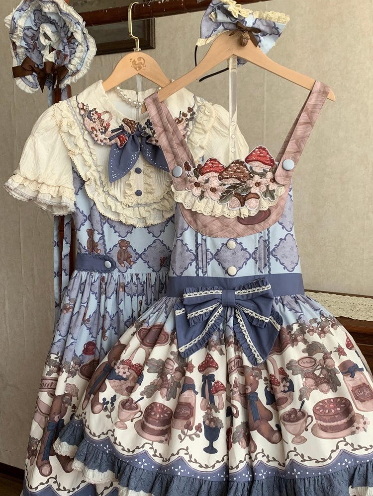 Print Embroidery Overall Sweet Blue Teddy Dress Mushroom Lolita Neckline