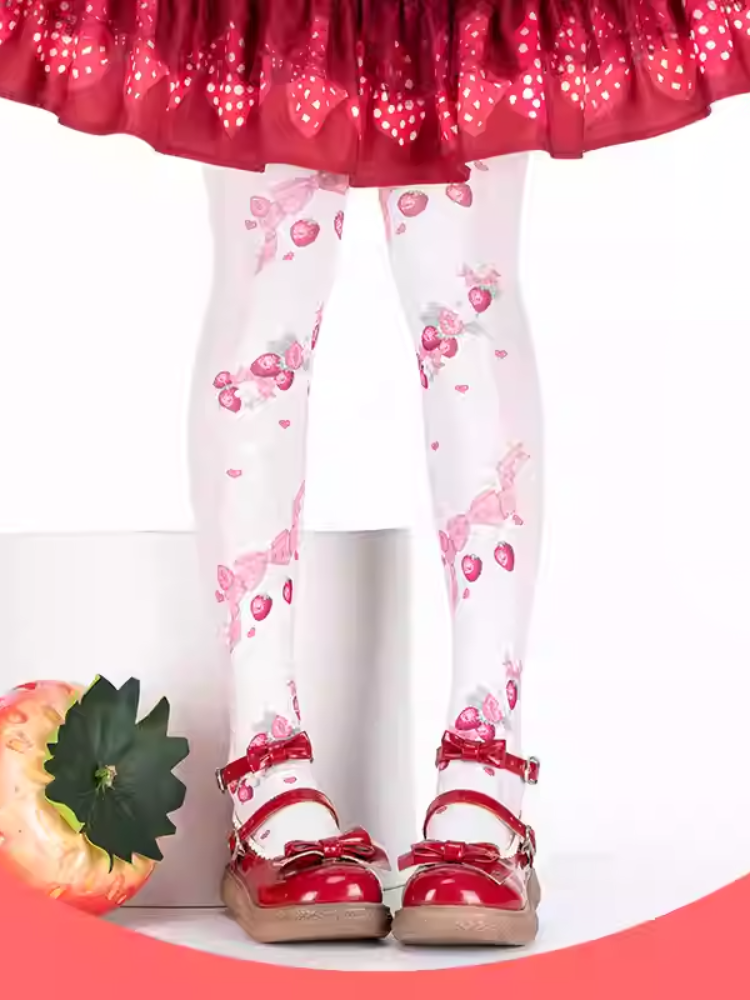 Pink Strawberry and Bow Print Lolita Over Knee Stockings