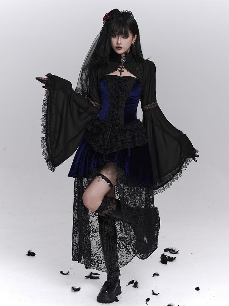 Cutouts Lace-Trimmed Elegant with Bell Crop Black Halloween Sleeves Elbow Shrug Gothic