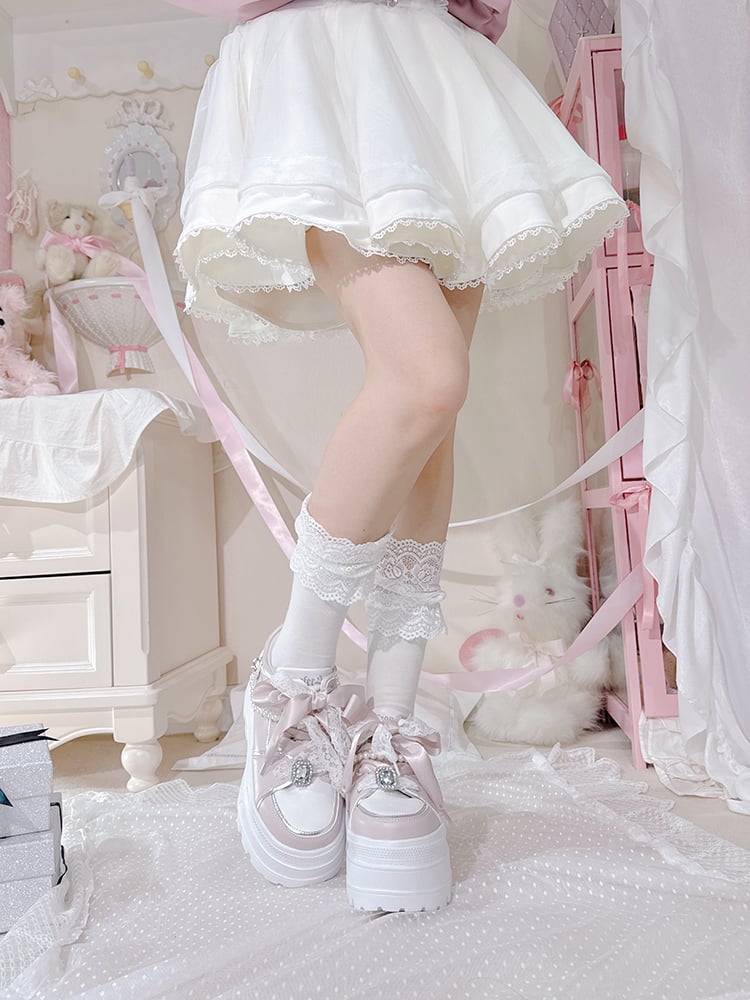 Chaussures à plateforme Jirai Kei en strass roses avec chaîne de perles amovible